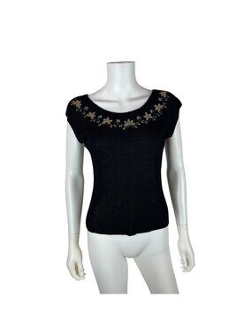 Vintage 80s Black Knit Top Womens Small Blue Floral Beaded Scoop Neck Sheer Swea